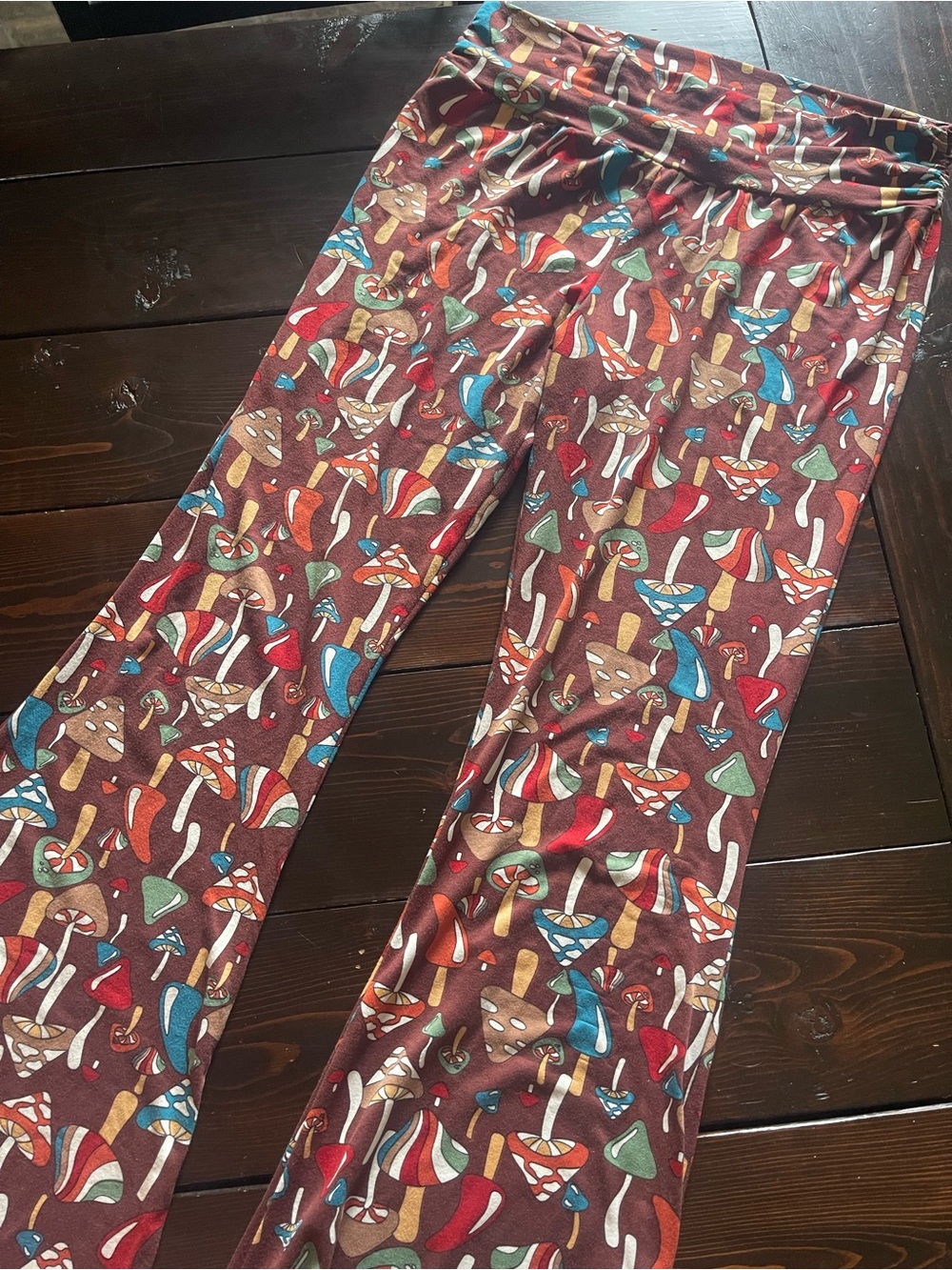 EARTHBOUND Burgundy Mushroom Print flared pants